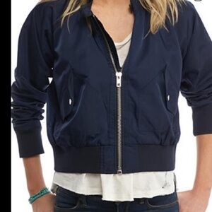 Free People Navy Blue Satin Midnight Bomber Jacket Petite Retro Indie Preppy